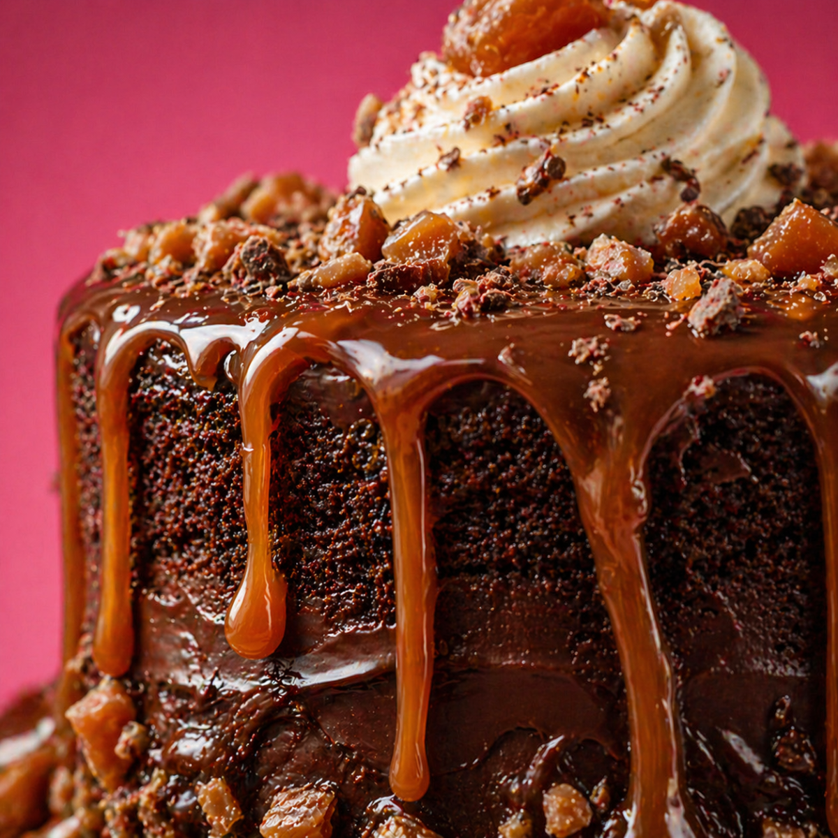 Chocolate cake with caramel drizzle and toffee bits on a pink background
