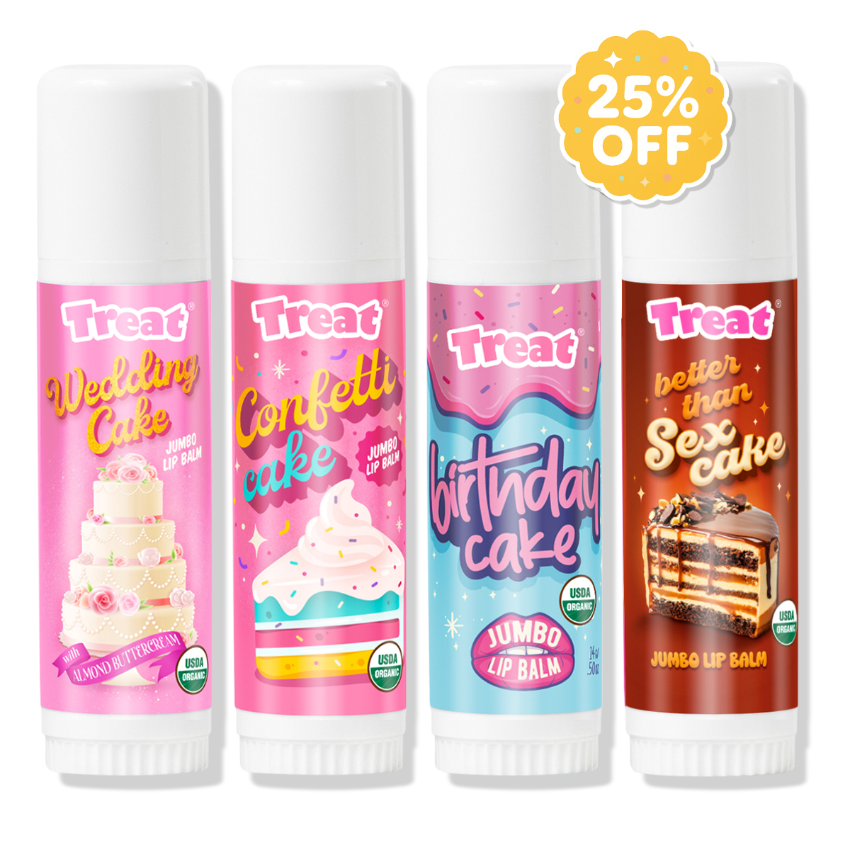 Four lip balm tubes labeled Wedding Cake, Confetti Cake, Birthday Cake, and better than Sex Cake, shown on a white background with a yellow 25% OFF badge.