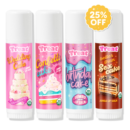 Four lip balm tubes labeled Wedding Cake, Confetti Cake, Birthday Cake, and better than Sex Cake, shown on a white background with a yellow 25% OFF badge.