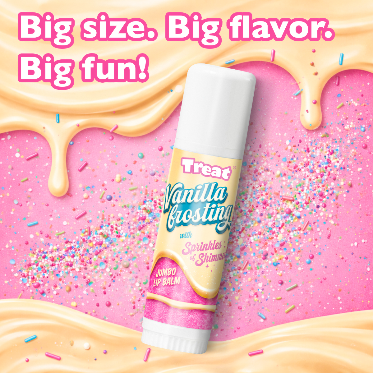 Vanilla frosting lip balm with sprinkles on a pink background