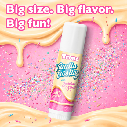 Vanilla frosting lip balm with sprinkles on a pink background